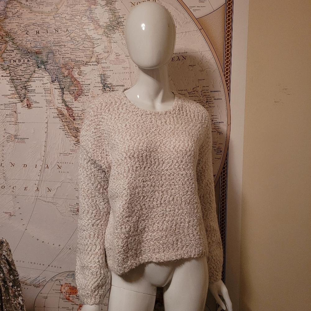Yet Again ivory and tan loose knit chunky nubby crew neck sweater cozy beachy M - Picture 3 of 9